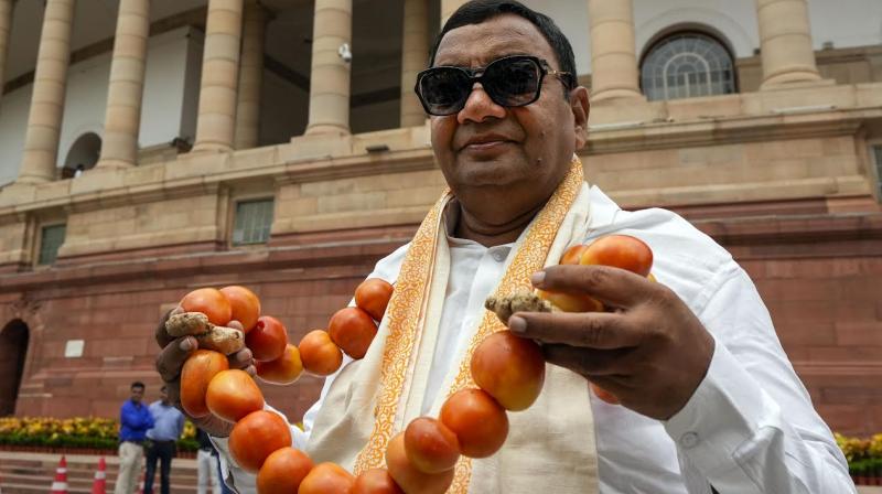 AAP MP Sushil Kumar Gupta wears garland of tomatoes to Rajya Sabha to protest the rising price of essential commodities