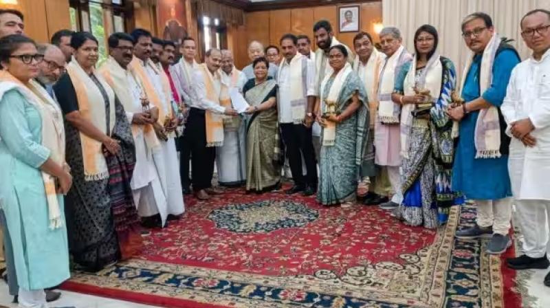 Congress MP Adhir Ranjan Chowdhury, AAP MP Sushil Gupta, TMC MP Sushmita Dev and other members of the Opposition alliance's INDIA delegation submit a memorandum to Manipur Governor Anusuiya Uikey on their observations after visiting the state. (PTI) Congress MP Adhir Ranjan Chowdhury, AAP MP Sushil Gupta, TMC MP Sushmita Dev and other members of the Opposition alliance's INDIA delegation submit a memorandum to Manipur Governor Anusuiya Uikey on their observations after visiting the state. (PTI)