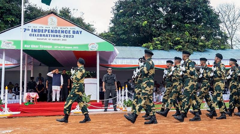 Imphal: Manipur Chief Minister N. Biren Singh salutes a parade on the occasion of the 77th Independence Day, in Imphal, Tuesday, Aug. 15, 2023. (PTI Photo) Imphal: Manipur Chief Minister N. Biren Singh salutes a parade on the occasion of the 77th Independence Day, in Imphal, Tuesday, Aug. 15, 2023. (PTI Photo)