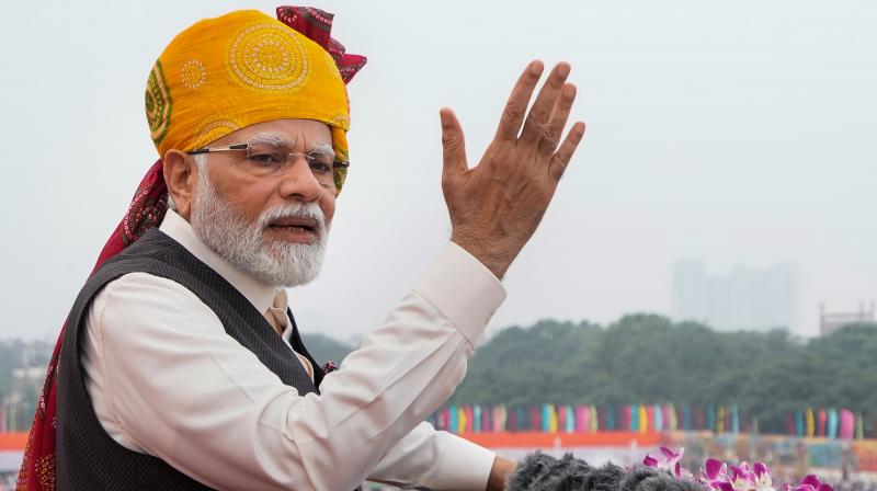 New Delhi: Prime Minister Narendra Modi addresses the nation from the Red Fort on the occasion of the 77th Independence Day, in New Delhi, Tuesday, Aug. 15, 2023. (PTI Photo/Manvender Vashist Lav) New Delhi: Prime Minister Narendra Modi addresses the nation from the Red Fort on the occasion of the 77th Independence Day, in New Delhi, Tuesday, Aug. 15, 2023. (PTI Photo/Manvender Vashist Lav)