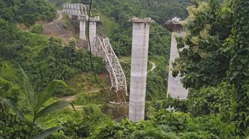 Photo of collapsed gantry as posted on Mizoram Chief Minister Zoramthanga’s official account on the X platform. Photo of collapsed gantry as posted on Mizoram Chief Minister Zoramthanga’s official account on the X platform.