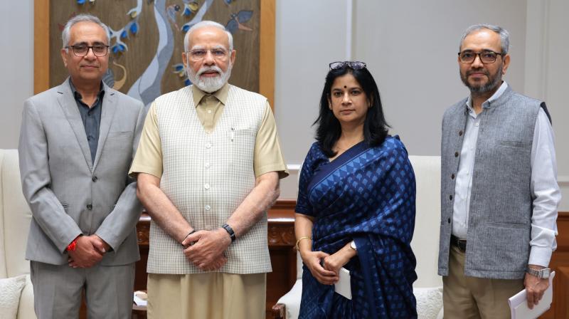 Prime Minister Narendra Modi during an interview with PTI's Editor-in-Chief Vijay Joshi and PTI senior editors Sangita Tewari and Nirmal Pathak, in New Delhi (PTI) Prime Minister Narendra Modi during an interview with PTI's Editor-in-Chief Vijay Joshi and PTI senior editors Sangita Tewari and Nirmal Pathak, in New Delhi (PTI)