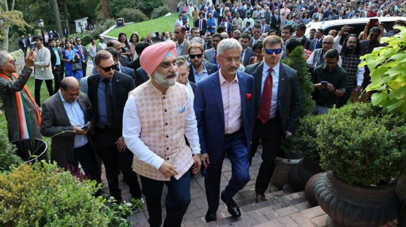 Washington: External Affairs Minister S. Jaishankar with Ambassador of India to the US Taranjit Singh Sandhu at a gathering of the Indian diaspora and others hosted by Sandhu, in Washington. (PTI Photo)