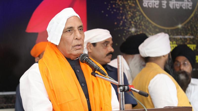 Lucknow: Defence Minister Rajnath Singh speaks during the 'Prakash Utsav' of Sri Guru Granth Sahib at Gurudwara Alambagh, in Lucknow, Sunday, Oct. 29, 2023. (PTI Photo)