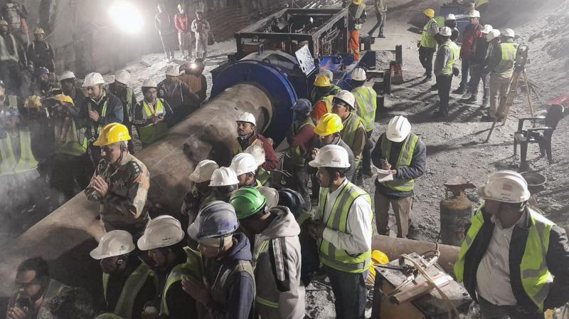 Uttarkashi: Rescue and relief operations underway after a portion of a tunnel under construction between Silkyara and Dandalgaon on the Brahmakhal-Yamunotri national highway collapsed, in Uttarkashi district, Friday, Nov. 17, 2023. (PTI Photo)