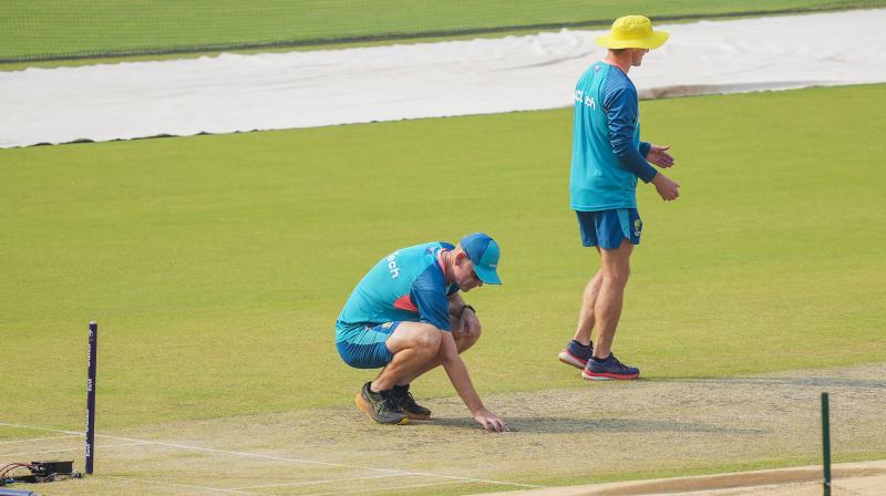 Cricket World Cup Final : Ahmedabad: Australia’s coach Andrew McDonald inspects the pitch ahead of the ICC Men’s Cricket World Cup 2023’s final match between India and Australia, at the Narendra Modi Stadium, in Ahmedabad, Saturday, Nov. 18, 2023. (PTI Photo/Ravi Choudhary)