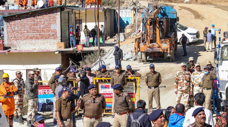 Uttarkashi: Rescue and relief operation underway after a portion of a tunnel under construction between Silkyara and Dandalgaon on the Brahmakhal-Yamunotri national highway collapsed, in Uttarkashi district, Wednesday, Nov. 22, 2023. (PTI Photo)