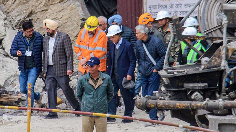 Uttarkashi: Principal Secretary to the Prime Minister of India, Pramod Kumar Mishra arrives to review the rescue operation being conducted to extract the 41 workers trapped inside the collapsed Silkyara Tunnel, in Uttarkashi district, Monday, Nov. 27, 2023. (PTI Photo)