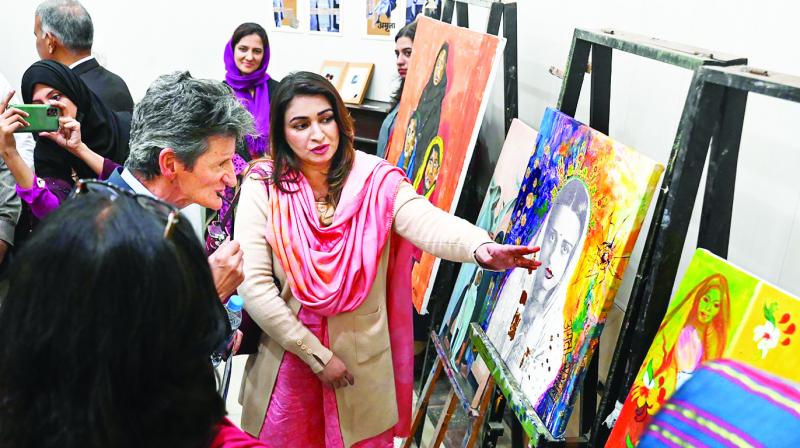 Lahore: Visitors at an exhibition at the residence of Hungarian-Indian painter Amrita Sher-Gil, on the Mall Road, in Lahore, Pakistan. (PTI Photo) Lahore: Visitors at an exhibition at the residence of Hungarian-Indian painter Amrita Sher-Gil, on the Mall Road, in Lahore, Pakistan. (PTI Photo)