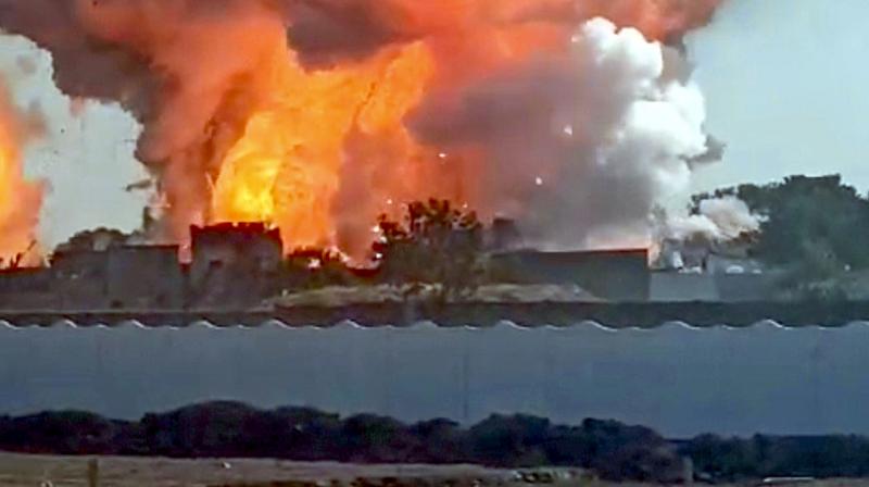 Harda: Smoke rises after a massive fire broke out in a firecracker factory in Harda town, Madhya Pradesh, Tuesday, Feb. 6, 2024. At least six people were killed and 40 others were injured in the fire. (PTI Photo)