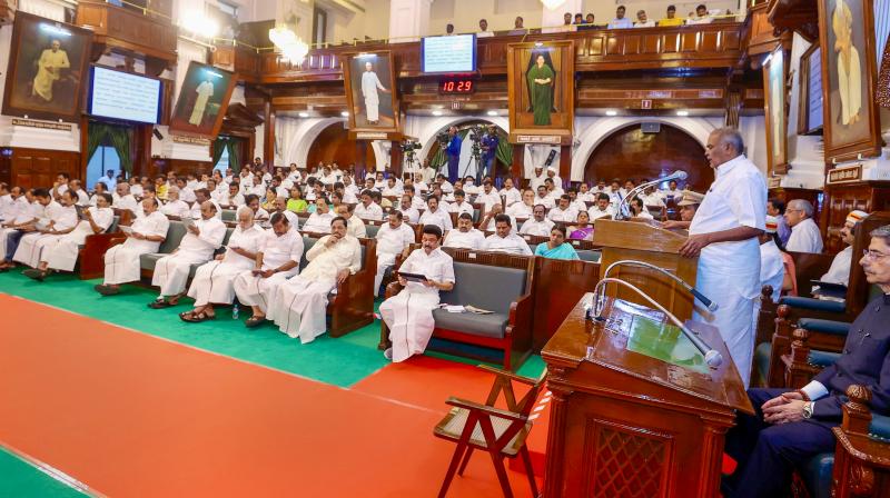 Chennai: Tamil Nadu Assembly Speaker M. Appavu addresses during the first day of TN Assembly session, in Chennai, Monday, Feb. 12, 2024. Tamil Nadu Governor R.N. Ravi is also seen. (PTI Photo) 