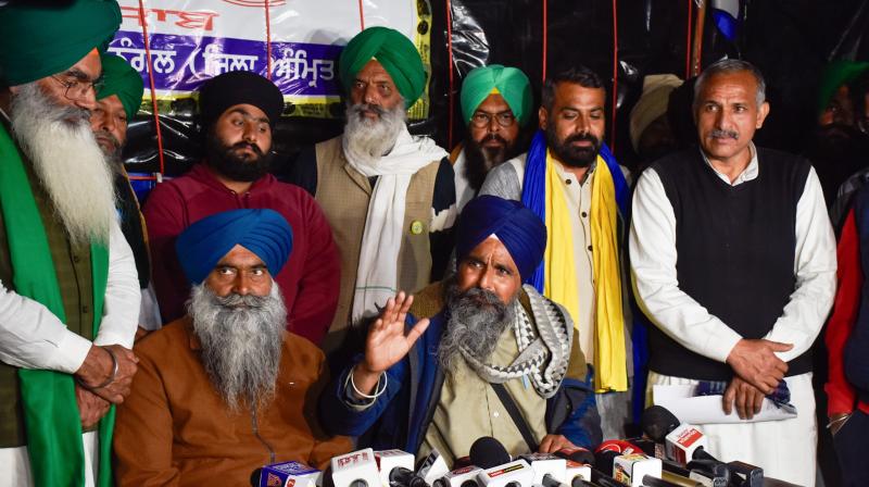 Patiala: Farmer leader Sarwan Singh Pandher with others addresses the media during the ongoing farmers’ protest over various demands, including a legal guarantee of minimum support price (MSP) for crops, at the Punjab-Haryana Shambhu Border, in Patiala district, Saturday, Feb. 17, 2024. (PTI Photo)