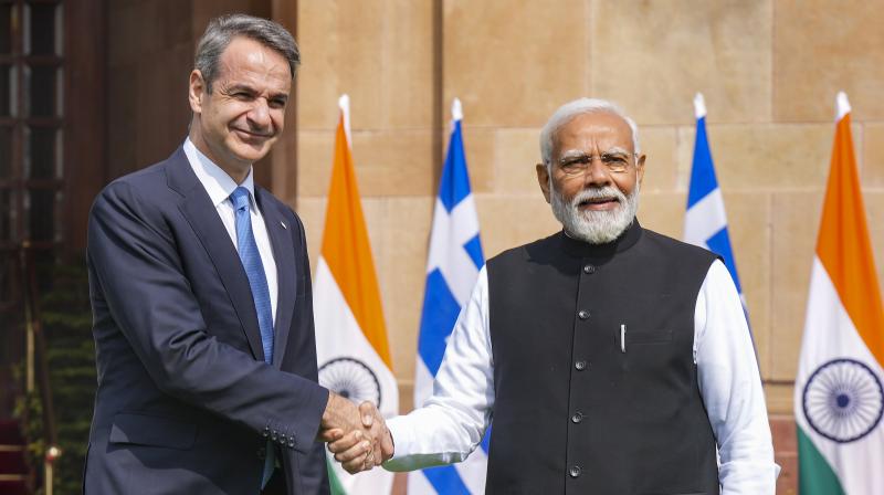 New Delhi: Prime Minister Narendra Modi shakes hands with Prime Minister of Greece Kyriakos Mitsotakis at the Hyderabad House, in New Delhi, Wednesday, Feb. 21, 2024. (PTI Photo/Shahbaz Khan)