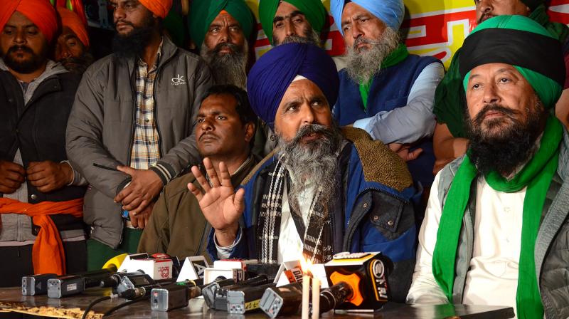 Patiala: Farmer leader Sarwan Singh Pandher with others addresses the media during the ongoing farmers’ protest over various demands, including a legal guarantee of minimum support price (MSP) for crops, at the Punjab-Haryana Shambhu Border, in Patiala district, Saturday, Feb. 24, 2024. (PTI Photo)