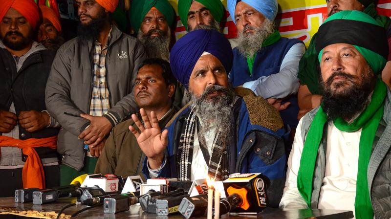 Patiala: Farmer leader Sarwan Singh Pandher with others addresses the media during the ongoing farmers’ protest over various demands, including a legal guarantee of minimum support price (MSP) for crops, at the Punjab-Haryana Shambhu Border, in Patiala district, Saturday, Feb. 24, 2024. (PTI Photo) Patiala: Farmer leader Sarwan Singh Pandher with others addresses the media during the ongoing farmers’ protest over various demands, including a legal guarantee of minimum support price (MSP) for crops, at the Punjab-Haryana Shambhu Border, in Patiala district, Saturday, Feb. 24, 2024. (PTI Photo)