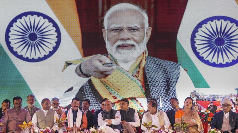 Lucknow: Defence Minister Rajnath Singh during the inauguration of revamped Gomti Nagar railway station, in Lucknow, Monday, Feb. 26, 2024. Prime Minister Narendra Modi virtually inaugurated the station. (PTI Photo/Nand kumar)