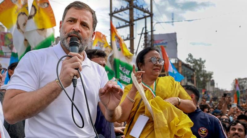 Shivpuri: Congress leader Rahul Gandhi addresses during the ‘Bharat Jodo Nyay Yatra’, in Shivpuri, Monday, March 4, 2024. (PTI Photo)