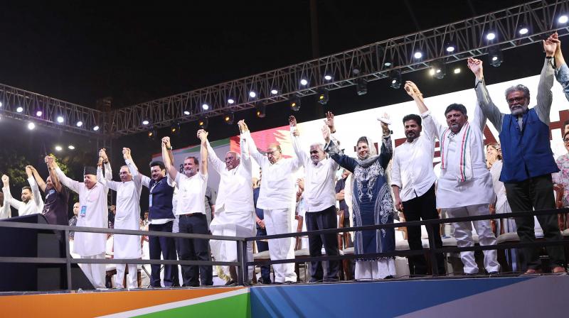 Mumbai: I.N.D.I.A. alliance leaders pose at the concluding program of the Bharat Jodo Nyay Yatra, in Mumbai, Saturday, March 17, 2024. (PTI Photo) 