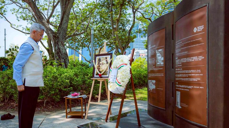 Singapore: External Affairs Minister S. Jaishankar pays tribute to Netaji Subhas Chandra Bose, in Singapore. (PTI Photo) Singapore: External Affairs Minister S. Jaishankar pays tribute to Netaji Subhas Chandra Bose, in Singapore. (PTI Photo)