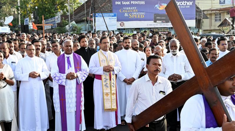 Thiruvananthapuram: Christian devotees take part in a 'Way of the Cross' procession marking Good Friday, in Thiruvananthapuram, Friday, March 29, 2024. (PTI Photo) 