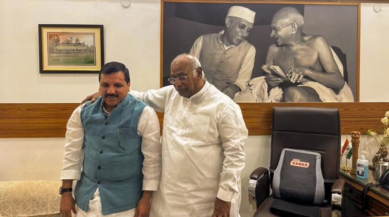 New Delhi: AAP leader Sanjay Singh during a meeting with Congress President Mallikarjun Kharge ahead of the Lok Sabha election, in New Delhi. (PTI Photo) New Delhi: AAP leader Sanjay Singh during a meeting with Congress President Mallikarjun Kharge ahead of the Lok Sabha election, in New Delhi. (PTI Photo)