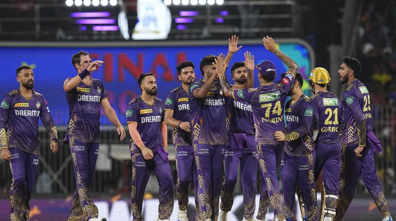 Chennai: Kolkata Knight Riders' Varun Chakravarthy celebrates with teammates the wicket of Sunrisers Hyderabad batter Shahbaz Ahmed during the Indian Premier League (IPL) 2024 final cricket match between Sunrisers Hyderabad and Kolkata Knight Riders at MA Chidambaram Stadium, in Chennai, Sunday, May 26, 2024. (PTI Photo/R Senthilkumar) Chennai: Kolkata Knight Riders' Varun Chakravarthy celebrates with teammates the wicket of Sunrisers Hyderabad batter Shahbaz Ahmed during the Indian Premier League (IPL) 2024 final cricket match between Sunrisers Hyderabad and Kolkata Knight Riders at MA Chidambaram Stadium, in Chennai, Sunday, May 26, 2024. (PTI Photo/R Senthilkumar)