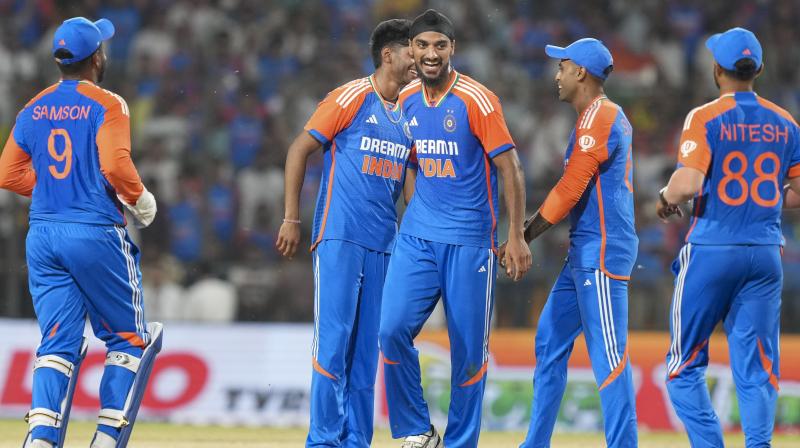 Gwalior: India's Mayank Yadav celebrates with teammates after taking the wicket of Bangladesh's Mahmudullah during the first T20 International cricket match between India and Bangladesh at Shrimant Madhavrao Scindia Cricket Stadium, in Gwalior, Sunday, Oct. 6, 2024. (PTI Photo/Arun Sharma) Gwalior: India's Mayank Yadav celebrates with teammates after taking the wicket of Bangladesh's Mahmudullah during the first T20 International cricket match between India and Bangladesh at Shrimant Madhavrao Scindia Cricket Stadium, in Gwalior, Sunday, Oct. 6, 2024. (PTI Photo/Arun Sharma)