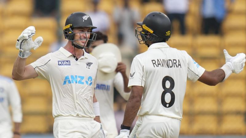 Bengaluru: New Zealand's Rachin Ravindra and Will Young celebrate after winning the first test cricket match between India and New Zealand at M Chinnaswamy Stadium, in Bengaluru, Sunday, Oct 20, 2024. (PTI Photo/Shailendra Bhojak) Bengaluru: New Zealand's Rachin Ravindra and Will Young celebrate after winning the first test cricket match between India and New Zealand at M Chinnaswamy Stadium, in Bengaluru, Sunday, Oct 20, 2024. (PTI Photo/Shailendra Bhojak)
