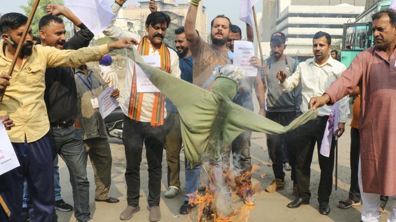 Jammu: People stage a protest against the killing of two Village Defence Guards by terrorists on Thursday, in Jammu, Friday, Nov. 8, 2024. (PTI Photo) Jammu: People stage a protest against the killing of two Village Defence Guards by terrorists on Thursday, in Jammu, Friday, Nov. 8, 2024. (PTI Photo)