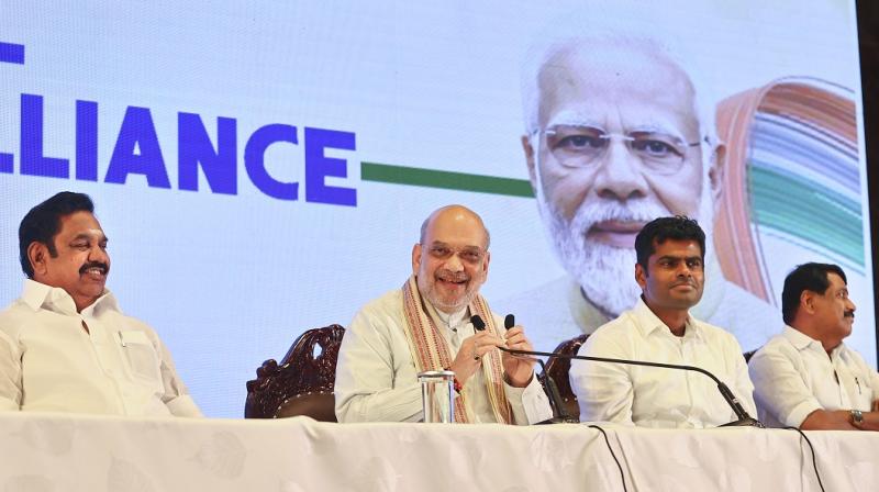 Chennai: Union Home Minister Amit Shah with AIADMK general secretary Edappadi K Palaniswami and Tamil Nadu BJP President K Annamalai during a press conference, in Chennai, Friday, April 11, 2025. AIADMK and BJP announced alliance for Tamil Nadu's 2026 polls while Nainar Nagendran is all set to become the next state chief of the BJP, succeeding K Annamalai. (PTI Photo) Chennai: Union Home Minister Amit Shah with AIADMK general secretary Edappadi K Palaniswami and Tamil Nadu BJP President K Annamalai during a press conference, in Chennai, Friday, April 11, 2025. AIADMK and BJP announced alliance for Tamil Nadu's 2026 polls while Nainar Nagendran is all set to become the next state chief of the BJP, succeeding K Annamalai. (PTI Photo)