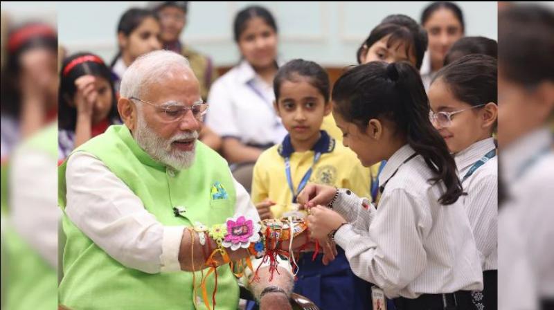 PM Modi celebrated Raksha Bandhan with school girls PM Modi celebrated Raksha Bandhan with school girls
