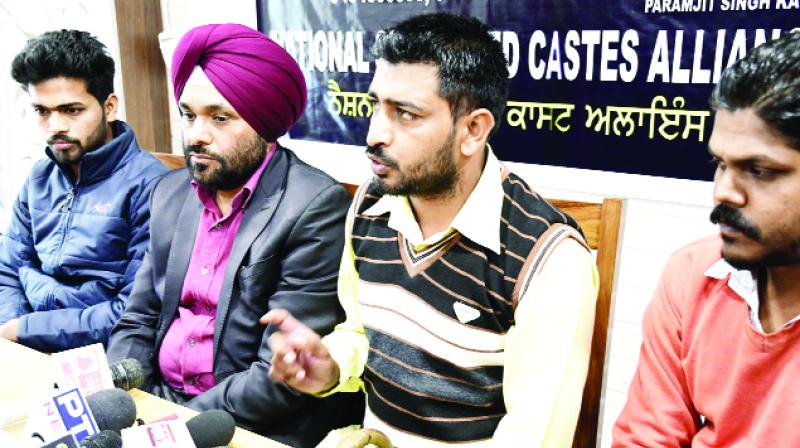 During the press conference, President of the National Scheduled Caste Alliance Paramjit Singh Kainth and others During the press conference, President of the National Scheduled Caste Alliance Paramjit Singh Kainth and others