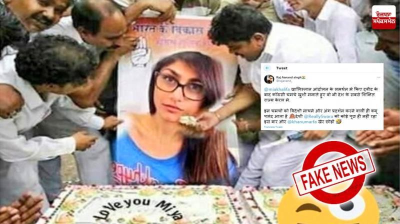 Congress workers did not feed cake to Mia Khalifa's Photo Congress workers did not feed cake to Mia Khalifa's Photo