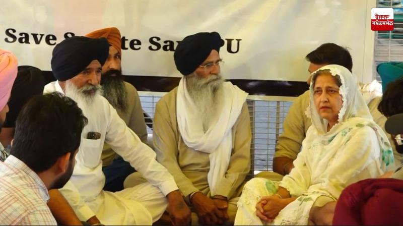 SGPC President Harjinder Singh Dhami arrives to join protest at Panjab University