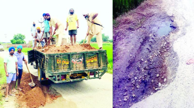 social workers Youngsters, filling the pits in the road, and View of the big potholes lying on the road