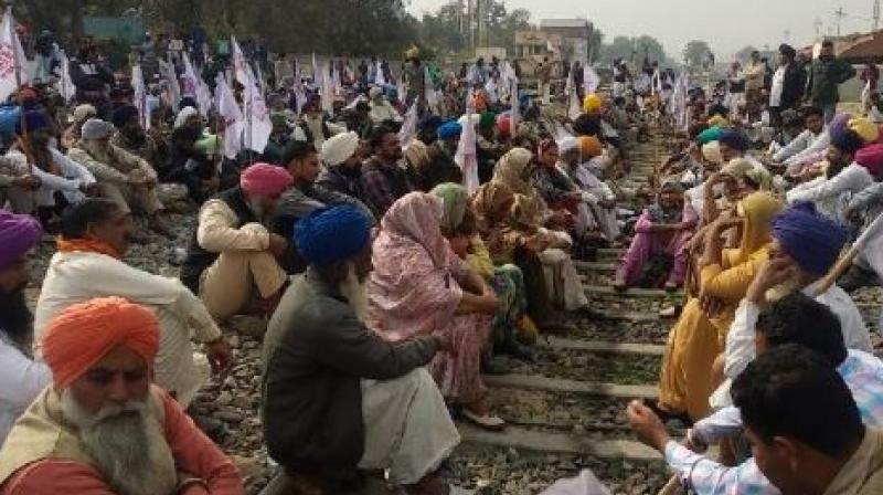 Farmers protest on railway track in Ferozepur of Punjab