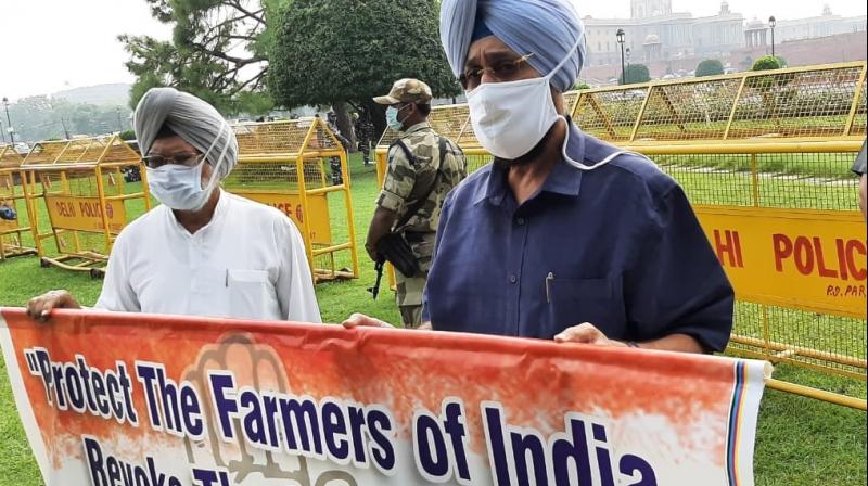 Partap Bajwa and Shamsher Dullo hold a protest against anti-farmer ordinances