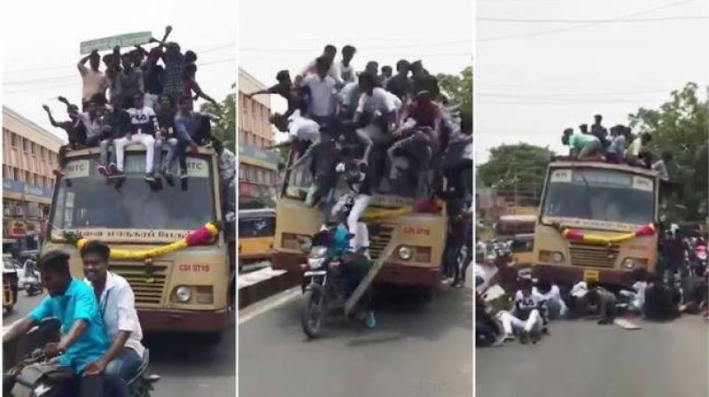 Chennai students climb fall off moving bus while celebrating bus day Chennai students climb fall off moving bus while celebrating bus day