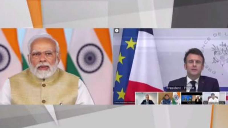 PM Modi Addressing a virtual meeting with President Emmanuel Macron on agreement between Air India and Airbus.