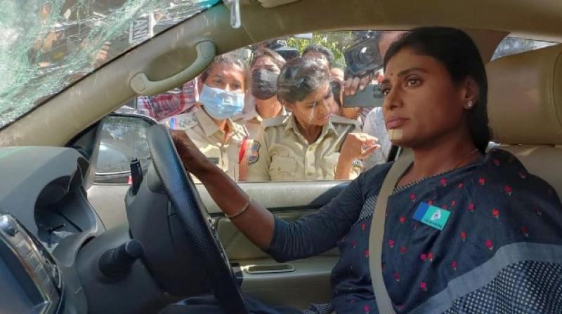 Andhra CM’s sister Sharmila’s car towed away with her inside it Andhra CM’s sister Sharmila’s car towed away with her inside it