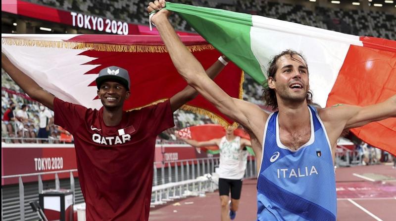 Mutaz Essa Barshim of Qatar and Gianmarco Tamberi of Italy