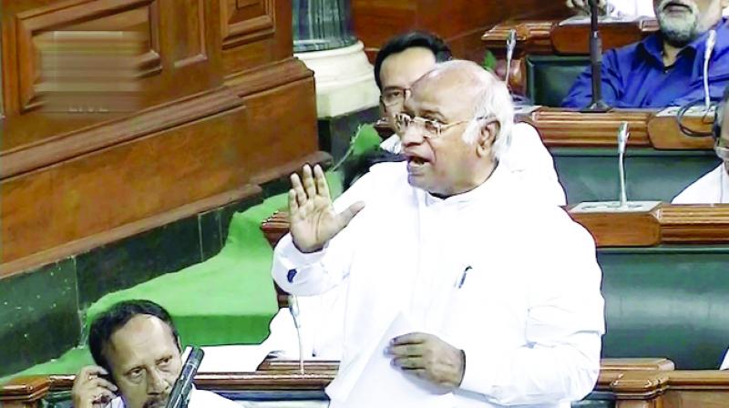 Congress leader Mallikarjun while delivering speech Congress leader Mallikarjun while delivering speech