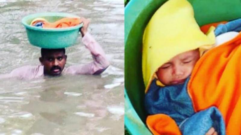 saved 2 years old child life carries tub on his head in neck deep water 
