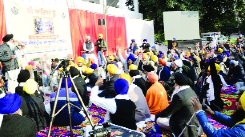 Sikh leaders addressing the gathering of Sikh organizations.