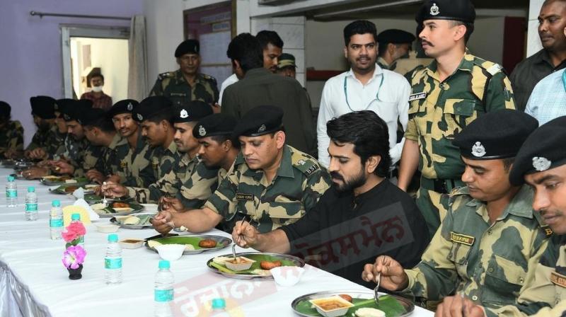RRR hero Ram charan visit BSF Attari and interact with soldiers
