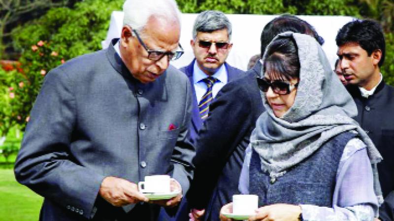 Mehbooba Mufti with Governor NK Vohra. Mehbooba Mufti with Governor NK Vohra.