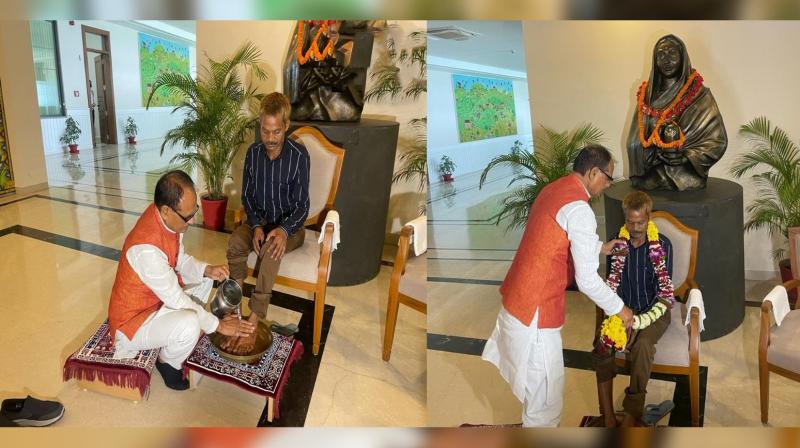 Madhya Pradesh CM Shivraj Singh Chouhan washes feet of urination incident victim Madhya Pradesh CM Shivraj Singh Chouhan washes feet of urination incident victim
