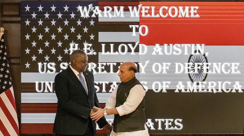 New Delhi: Defence Minister Rajnath Singh with United States Defence Secretary Lloyd Austin before a bilateral meeting, in New Delhi, Monday, June 5, 2023. (PTI Photo/Kamal Kishore)