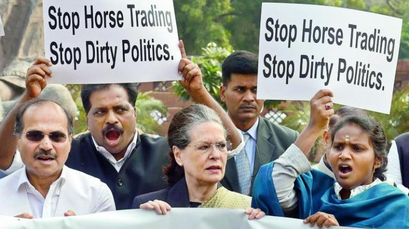 Congress holds protest in Parliament premises against BJP