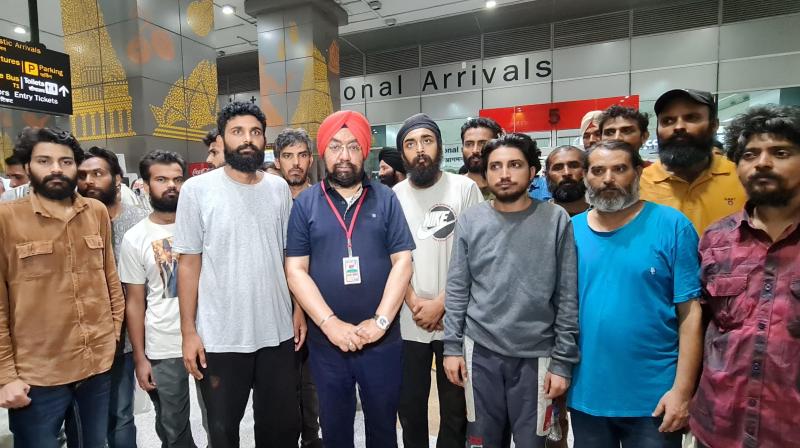 New Delhi: Indian nationals who were held captive by an armed group in Libya upon their arrival in Delhi, Sunday evening New Delhi: Indian nationals who were held captive by an armed group in Libya upon their arrival in Delhi, Sunday evening